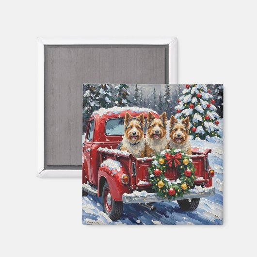 Skye Terrier Christmas Red Truck Holiday マグネット (正面/裏面)