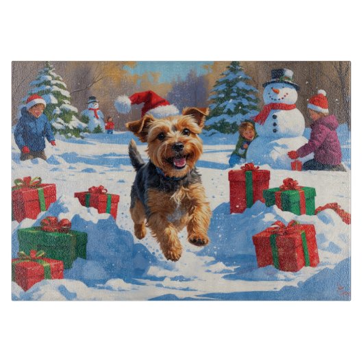 Skye Terrier Running in Snow with Christmas Hat カッティングボード (正面)