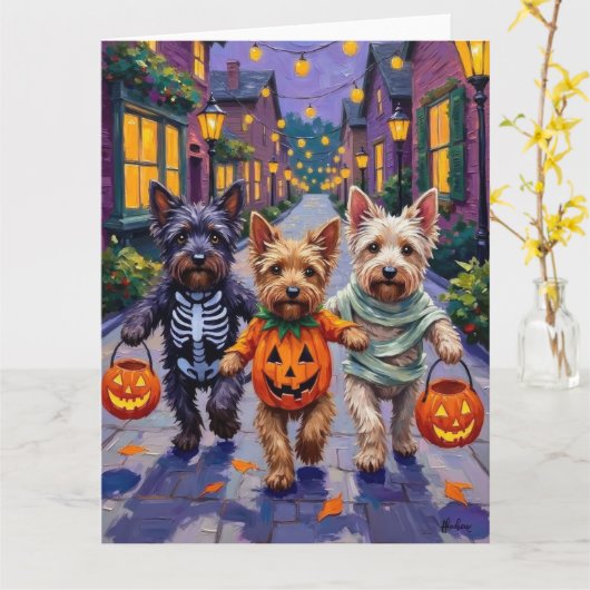 Skye Terrier Trick-or-Treating Halloween Costumes カード (黄色い花)