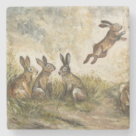 Skyward Fluff Meadow Hare Whimsical Rabbit Family  ストーンコースター