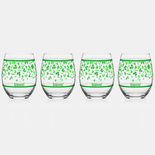 Sláinte Lucky Irish Shamrocks Design Personalized ステムなしワイングラス (正面)