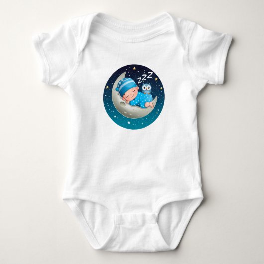 Slapende baby op de maan met uil ベビーボディスーツ (正面)