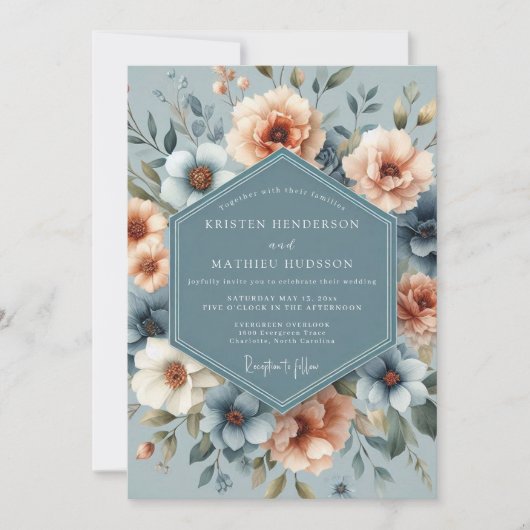 Slate & Apricot Poetic Bloom Wedding 招待状 (正面)