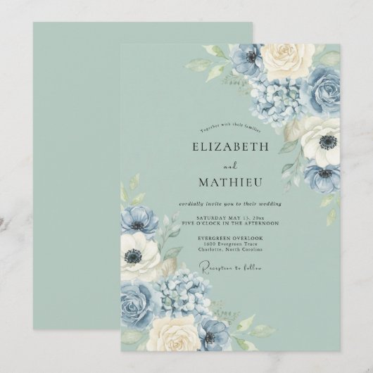 Slate Bloom Romantic Flourish Wedding 招待状 (正面/裏面)