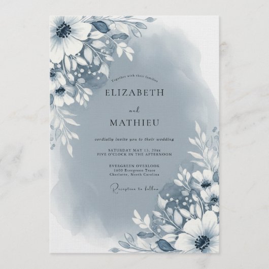 Slate Blue Abstract Floral Wedding 招待状 (正面)
