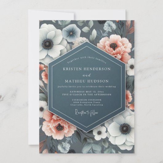 Slate Blue Anemone Bloom Wedding 招待状 (正面)