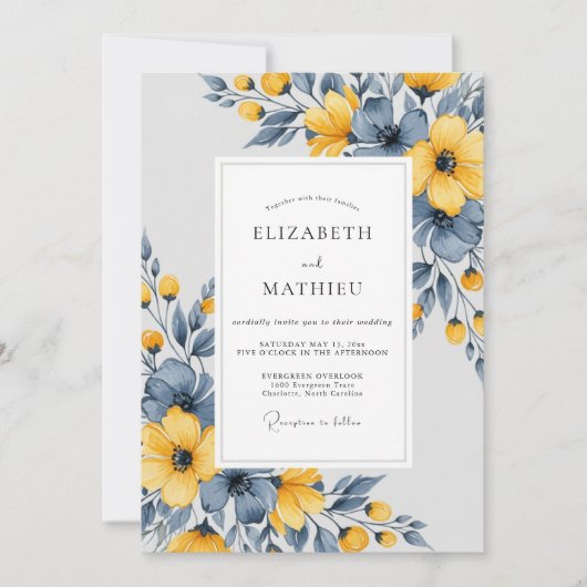 Slate Blue Artistic Botanical Wedding 招待状 (正面)