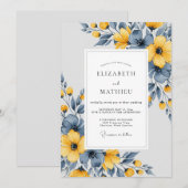 Slate Blue Artistic Botanical Wedding 招待状 (正面/裏面)