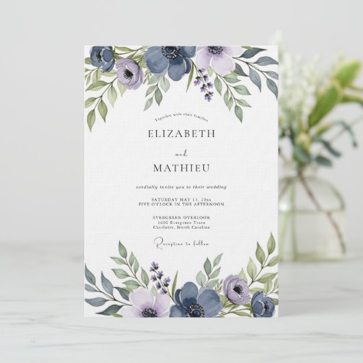 Slate Blue Artistic Floral Wedding 招待状 (スタンド正面)