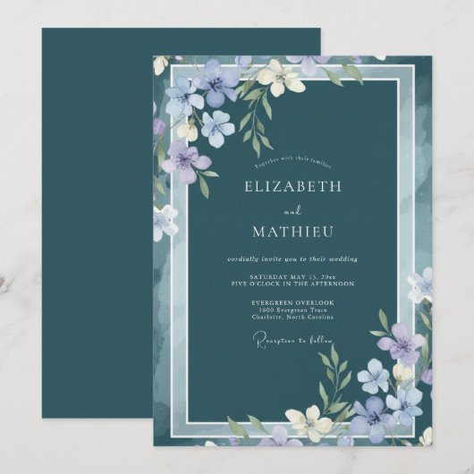 Slate Blue Atmospheric Botanical Wedding 招待状 (正面/裏面)