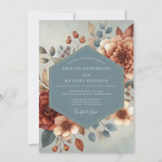 Slate Blue Autumnal Bloom Wedding 招待状 (正面)