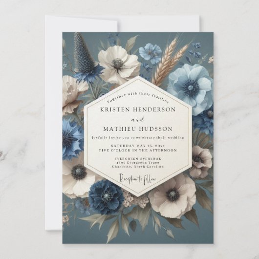 Slate Blue Bloom Moody Wedding 招待状 (正面)
