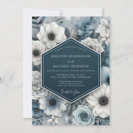 Slate Blue Bloom Nocturne Wedding 招待状 (正面)