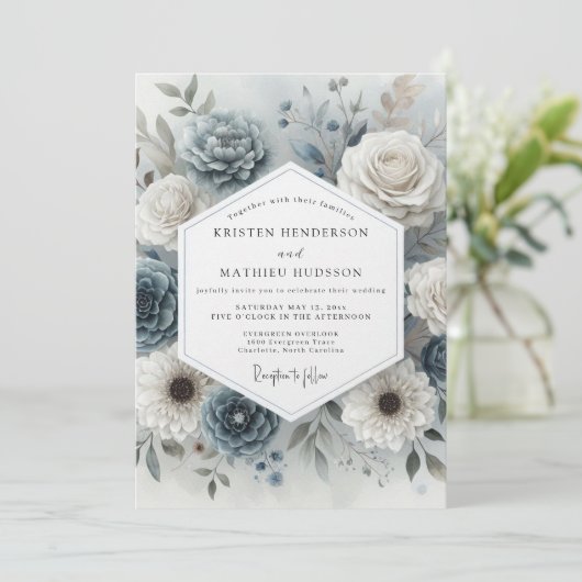 Slate Blue Bloom Romance Wedding 招待状 (スタンド正面)