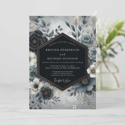 Slate Blue Bloom Wedding 招待状 (スタンド正面)