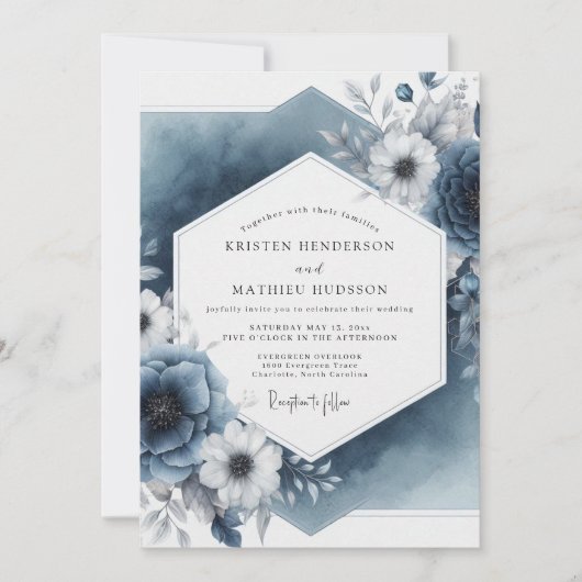 Slate Blue Botanical Elegance Wedding 招待状 (正面)