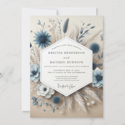 Slate Blue Botanical Whimsical Wedding 招待状 (正面)