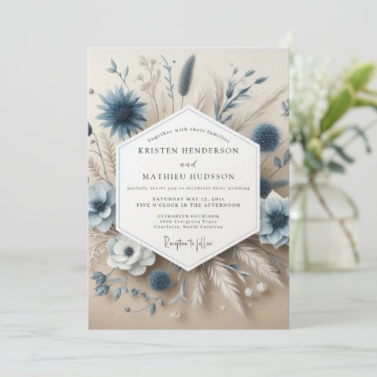 Slate Blue Botanical Whimsical Wedding 招待状 (スタンド正面)
