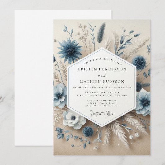 Slate Blue Botanical Whimsical Wedding 招待状 (正面/裏面)