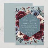 Slate Blue Burgundy Bloom Wedding 招待状 (正面/裏面)