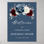 Slate Blue Burgundy White Rehearsal Dinner Welcome ポスター<br><div class="desc">Slate,  Burgundy,  White ivory themed floral rehearsal dinner welcome poster featuring elegant bouquet of burgundy,  slate,  dusty blue,  ivory roses and peony flowers and dusty green eucalyptus leaves. Please contact me for any help in customization or if you need any other product</div>