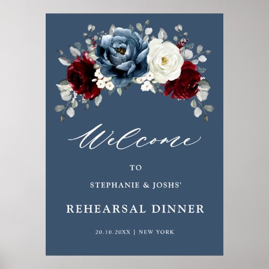 Slate Blue Burgundy White Rehearsal Dinner Welcome ポスター (正面)