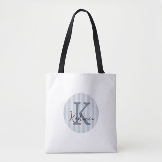 Slate Blue Custom Striped Circle Monogram トートバッグ (正面)