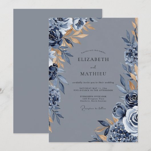 Slate Blue Distinguished Winter Wedding 招待状 (正面/裏面)