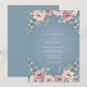 Slate Blue Dreamy Floral Wedding 招待状 (正面/裏面)