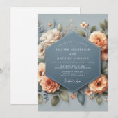 Slate Blue Elegant Bloom Wedding 招待状 (正面/裏面)