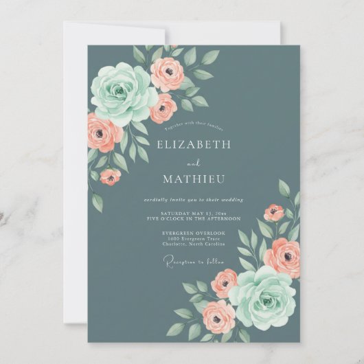 Slate Blue Elegant Rose Wedding 招待状 (正面)