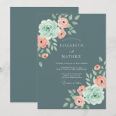 Slate Blue Elegant Rose Wedding 招待状 (正面/裏面)
