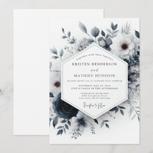 Slate Blue Ethereal Bloom Wedding 招待状 (正面/裏面)
