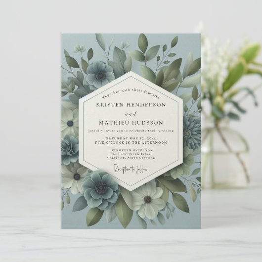 Slate Blue Ethereal Bloom Wedding 招待状 (スタンド正面)