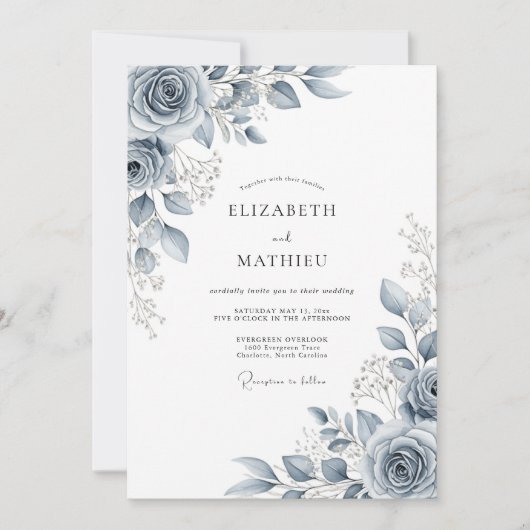 Slate Blue Ethereal Botanical Wedding 招待状 (正面)