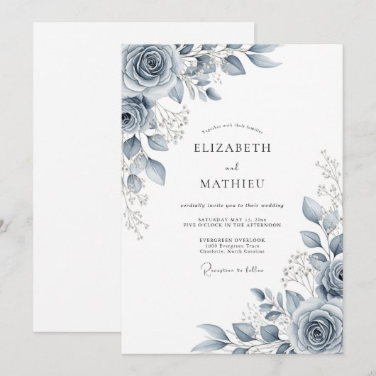 Slate Blue Ethereal Botanical Wedding 招待状 (正面/裏面)