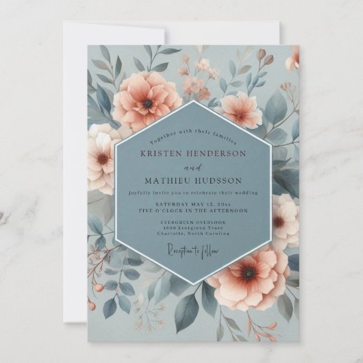 Slate Blue Ethereal Floral Wedding 招待状 (正面)