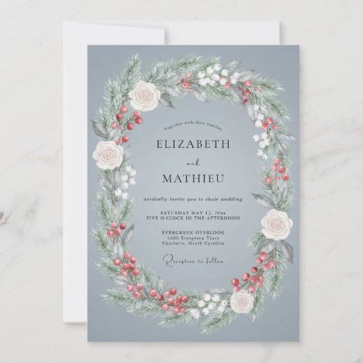 Slate Blue Festive Winter Wedding 招待状 (正面)