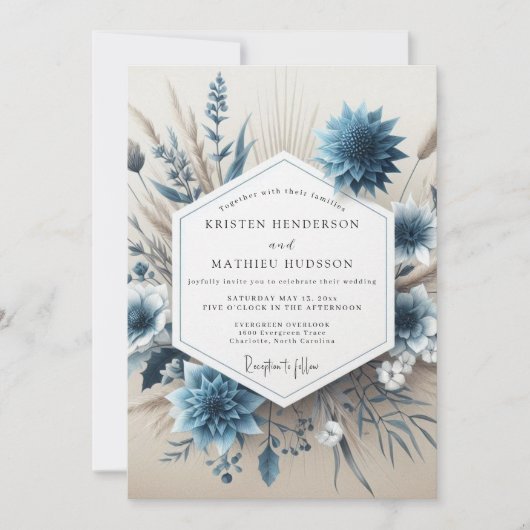Slate Blue Floral Autumn Wedding 招待状 (正面)