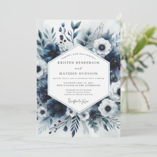 Slate Blue Floral Bloom Wedding 招待状 (スタンド正面)