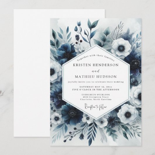 Slate Blue Floral Bloom Wedding 招待状 (正面/裏面)