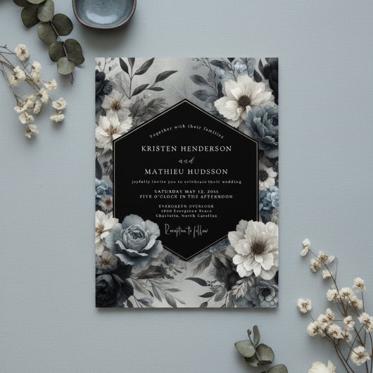 Slate Blue Floral Bloom Wedding 招待状