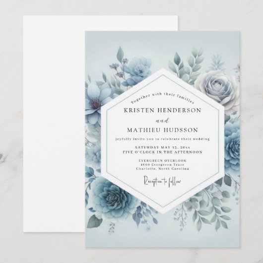 Slate Blue Floral Dream Wedding 招待状 (正面/裏面)