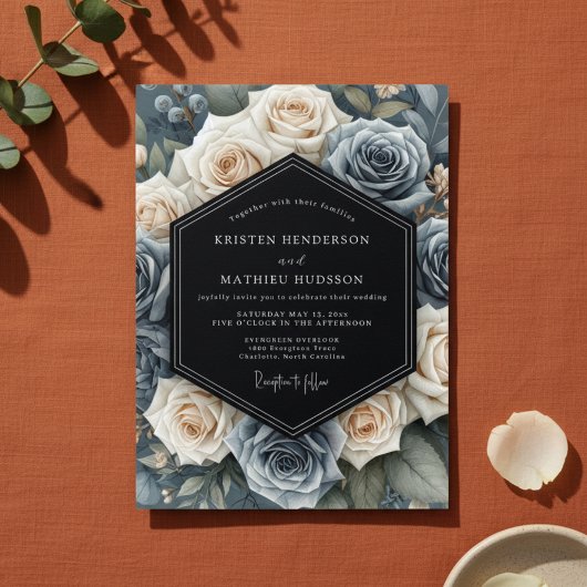 Slate Blue Floral Elegance Wedding 招待状
