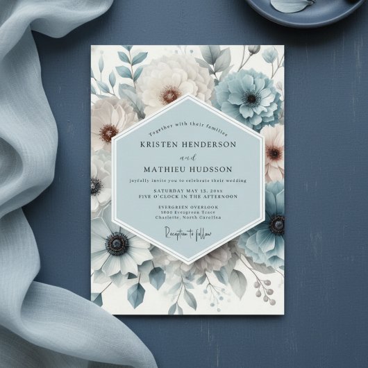 Slate Blue Floral Elegance Wedding 招待状