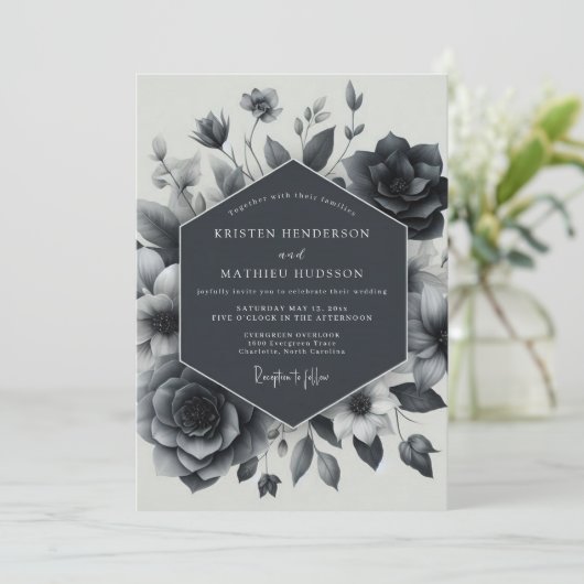 Slate Blue Floral Enchantment Wedding 招待状 (スタンド正面)