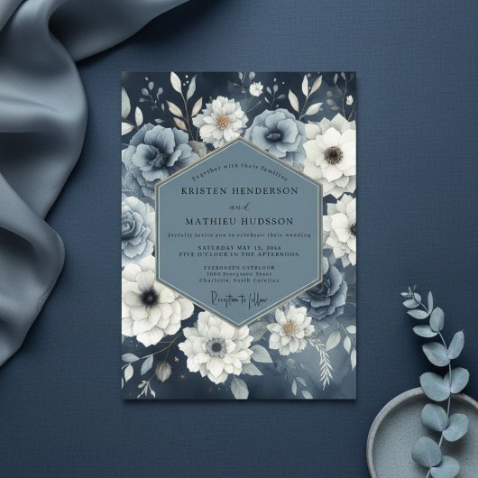 Slate Blue Floral Moody Wedding 招待状