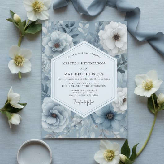 Slate Blue Floral Opulent Wedding 招待状