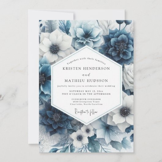 Slate Blue Floral Radiance Wedding 招待状 (正面)