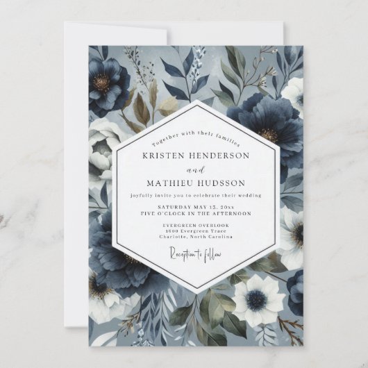 Slate Blue Floral Romance Wedding 招待状 (正面)